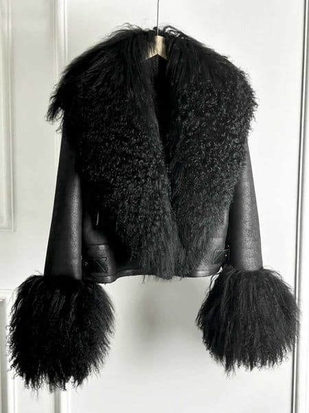 Janveny Luxury Natural Mongolian Sheep Fur Coat Women Winter Short Faux Leather Jacket Female Moto Biker Thick Outwear J250815