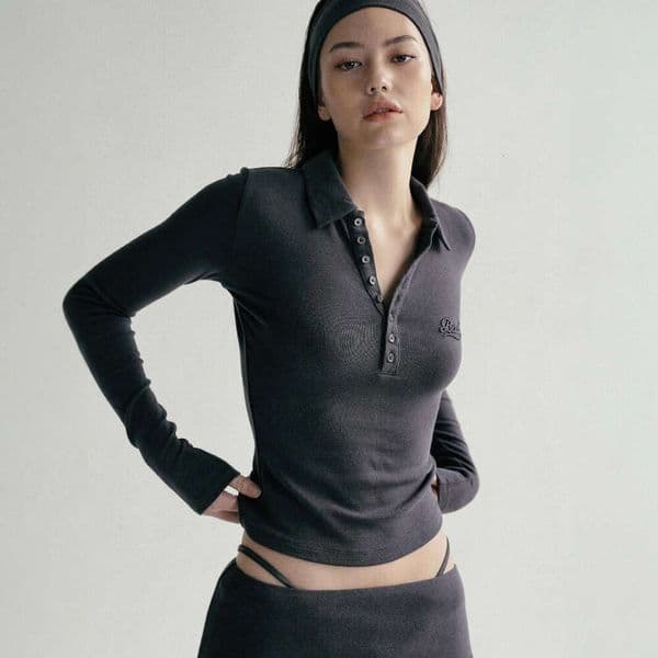 Charcoal Gray Long Sleeve Base Shirt For Women American Style Embroidered Polo Collar Slim Fit Top Autumn B5
