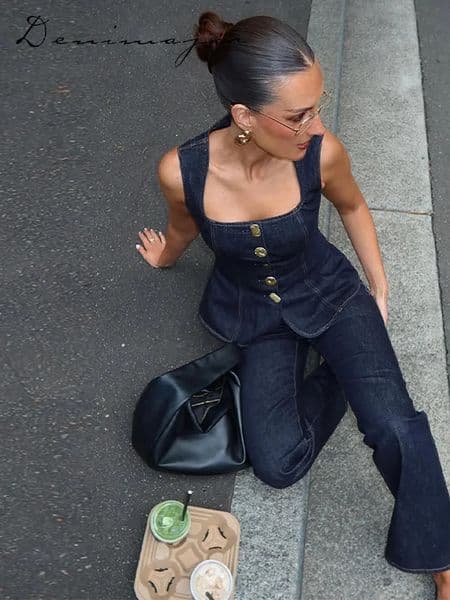Street Denim Pants Set Women Sleeveless Single Breasted Slim Square Collar Tank High Waist Straight Jeans 2025 Summer Lady Suit 250818BJ