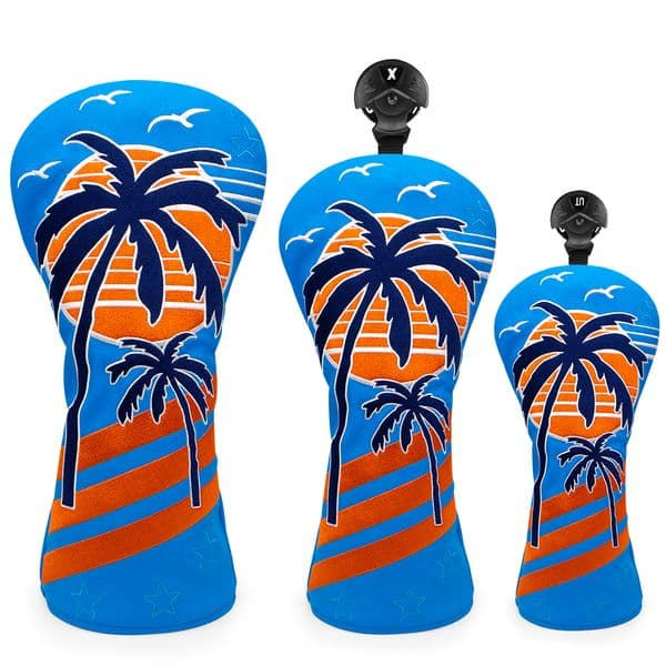 Golf Headcovers Plam Hawaii Blue Fashion Premium Leather Embroidery Driver Wood Cover Set Driver Fairway Hybrid Golf Wood Clubs