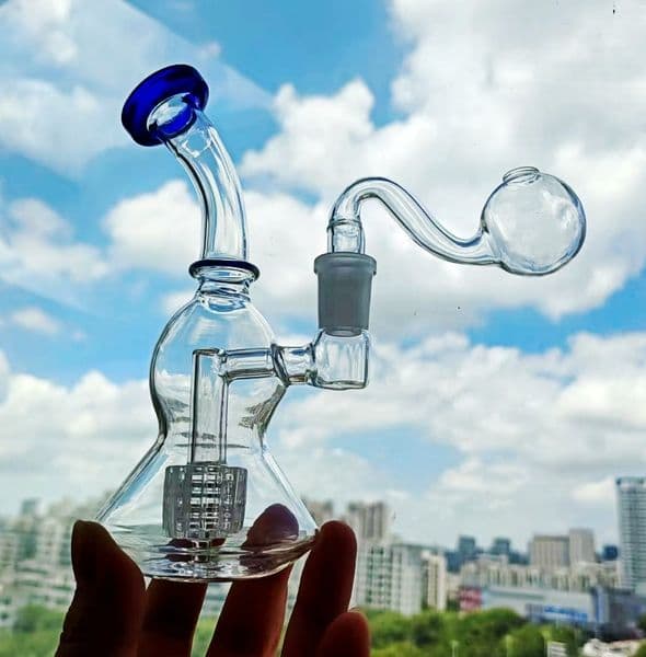 blue Matrix glass bongs double recycler perc glass water pipe oil with dome 14mm oil burner purple bubbler 6inch