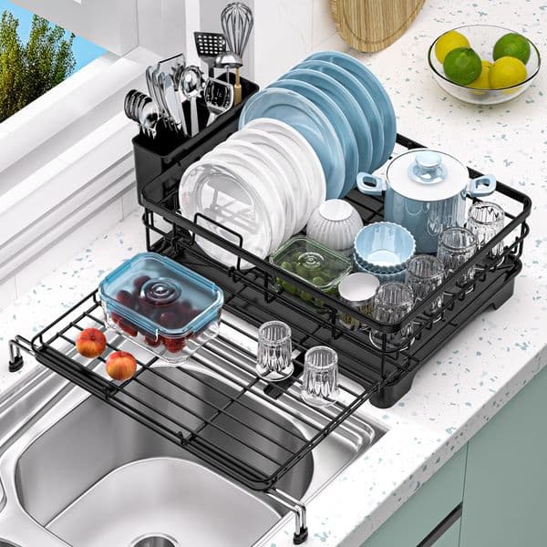 Extendable For Kitchen Counter Large Drainer With Utensil Holder Antirust Black Dish Over The Sink Drying Rack Space Saver