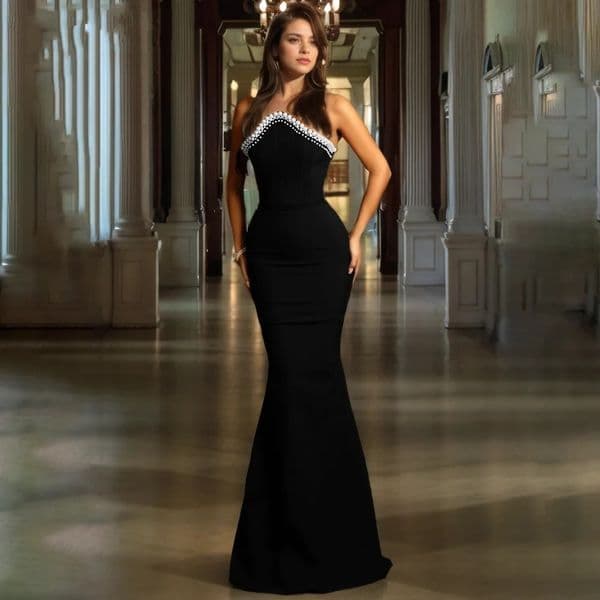 Black Style Elegant Prom Pageant Dress Triangle Collar Pearls Sleeveless Satin Mermaid Evening Party Dresses Formal Gown robe de soiree femme