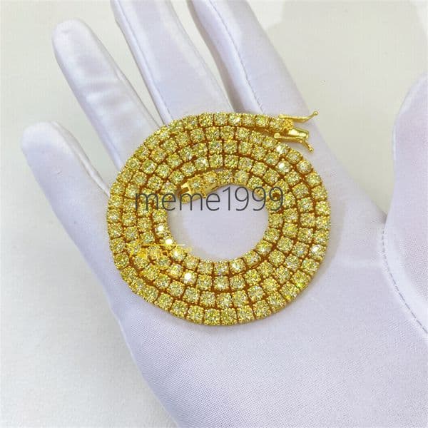 18K Gold Plated Iced Out Vvs Diamond Tennis Chain 2mm 3mm Golden Yellow Moissanite Tennis Bracelet Necklace for Men and Women