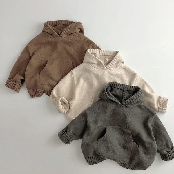 Front Pocket Fine Knit Children Boys Girl Sweaters Hoodie Pullover Loose Style Hooded Toddler Knitwear Coat 250820