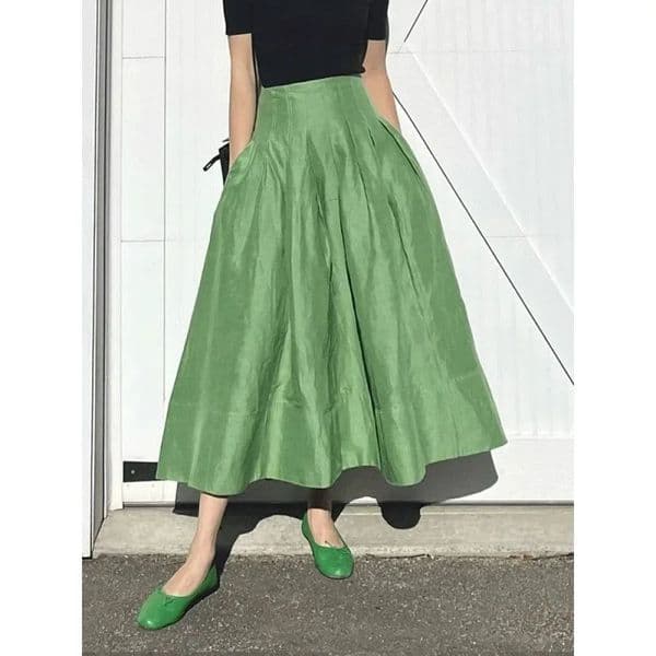 French elegant retro green umbrella skirt temperament highwaisted slim fluffy ladies half 250820BANJIA