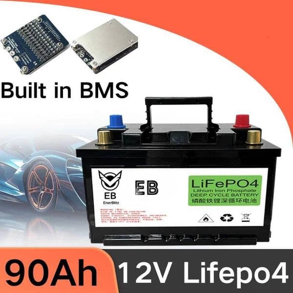 EB Portable outdoor camping battery 12V 90AhLifepo4 Battery with Case BMS USB LED light home application +10A charger