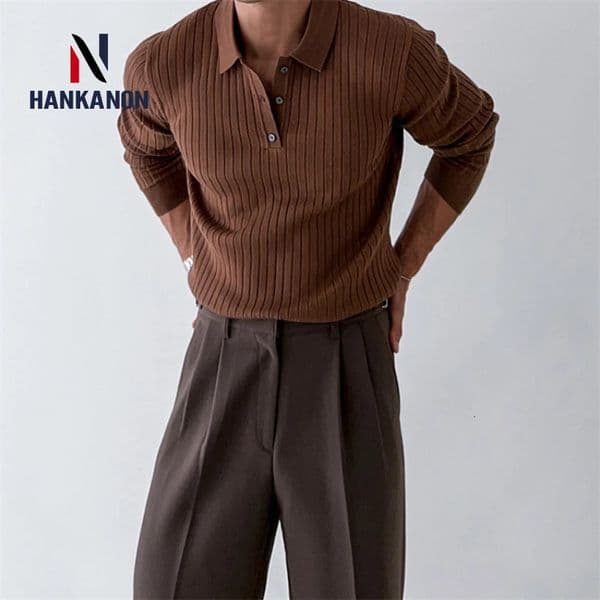 Striped Polo Shirt for Business and Casual Occasionsmen Breathable Stretchy Slim Knitted Pullover Long-sleeve Sweater 250820