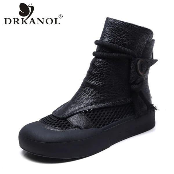 DRKANOL Fashion Women Cool Boots 2025 Summer Genuine Leather Mesh Breathable Flat Ankle For Casual Roman Shoes Retro 250801
