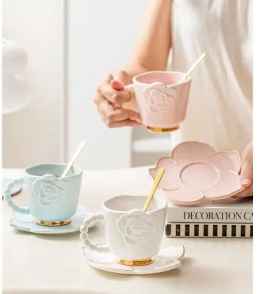 Light Luxury Camellia Ceramic Creative Coffee Cup and Saucer Afternoon Tea Set Ins High-Value Niche Design Gift ddmythur ddmythur
