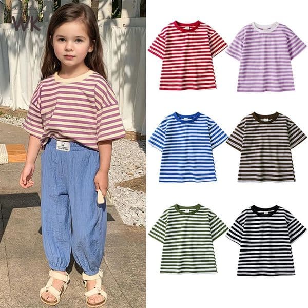19Y Kid Girl Tshirt Summer Children Clothing Stripe Cotton Short Sleeve Toddler Tops Baby Boy Outfit Casual Tshirt Clothes 250820BANJIA