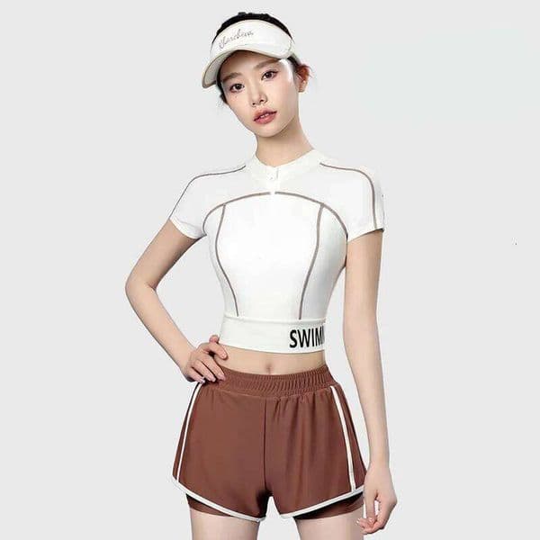 Women Two Pieces Short/Long Sleeve Professional Waterproof Sexy Push Up Swimwear Upf50+Sun Protection Quick-Drying Bathing Suit