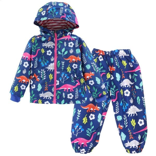 Girls Spring Fall Hooded JacketPants 2PCS Suits Fashion Boys Windproof Rainproof Tracksuits Cartoon Dinosaur Sprint Clothing 250820