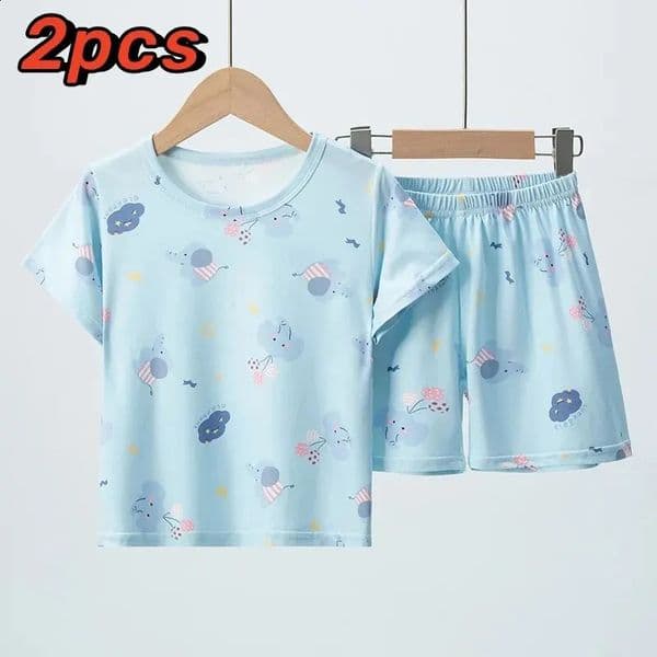 Summer CHILDRENS Clothing Short Sleeve Shorts 2piece Suit for Boys and Girls Comfortable Wild Blue Elephant Suit 250820BANJIA