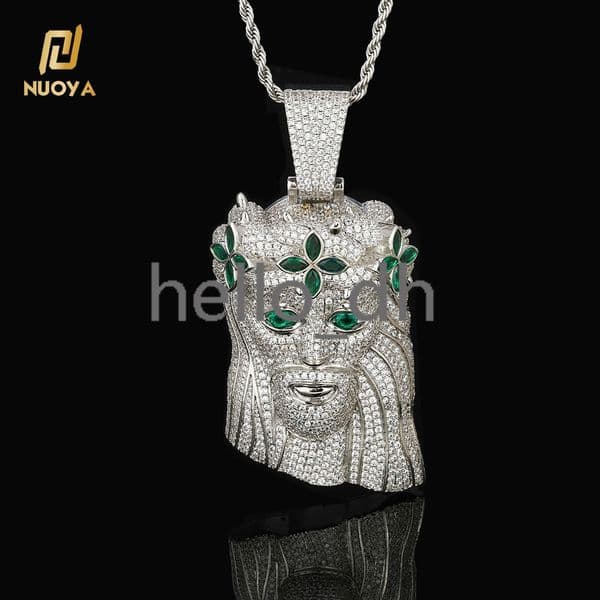 Large Heavy Jesus Pendant Necklace Hip Hop Style Bling Green moissanite Four Leaf Clover Jesus Pendant Jewelry
