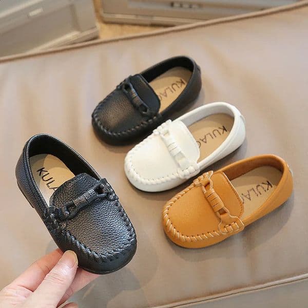 Boys Leather Shoes Black White for School Party Wedding Kids Formal Flats Loafers Slipon Soft Children Moccasins 2130 M260323