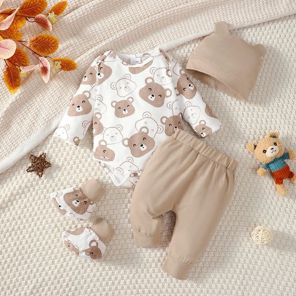 0-9 Months Baby Boy Set Little Bear Long Sleeve BodysuitPantsHatSocks 4pcs/Set Baby Spring Autumn clothing born set250821BJ