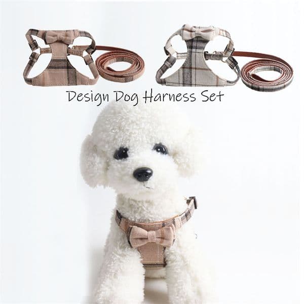 Plaid Pattern Bow Adjustable Soft Suede Lining Vest Harnesses Dog Harness and Leash Set Step in No Pull Pet Harness for Small Medium Dogs Cats Outdoor Walking