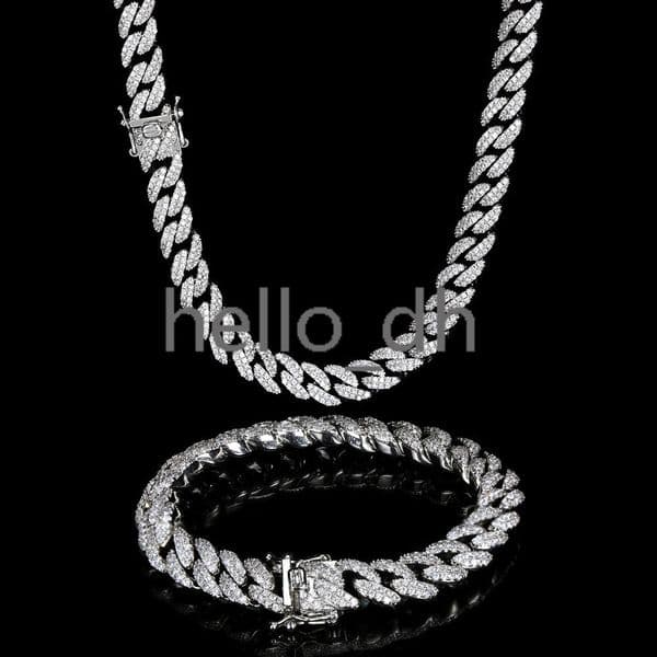Hip Hop Jewelry 9mm Silver Iced Out Cuban Link Chain Bling moissanite Prong Cuban Chain Necklace for Women