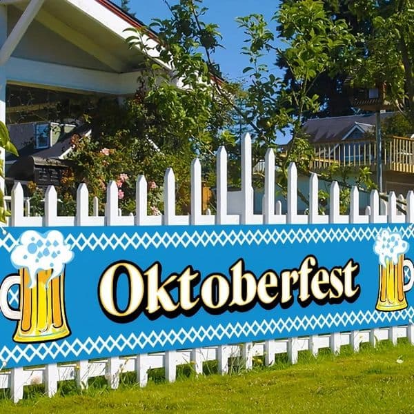 Oktoberfest celebration banner - Blue and white checkered beer garden listing 250818