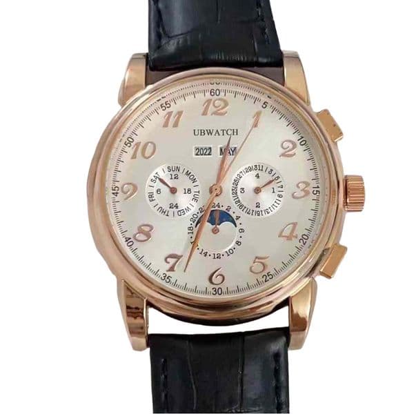 44MM Automatic Mechanical Mens Watches P1 Glass Back Hardlex Wristwatches Elegant Practical Large Arabic Marker Moon Phase Watch