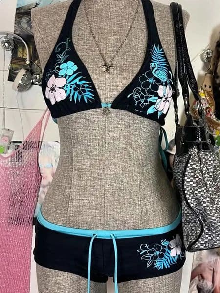 Vintage Flower print Cutie set Bikini 2000s Swimsuit Sexy Women Bathing Fashion Halter Strap Swimwear High Street Beach Female 250822BANJIA