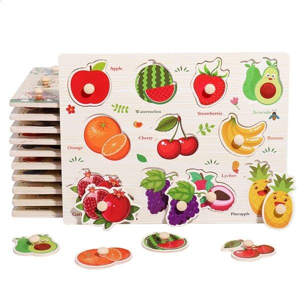 Montessori Wooden Hand Grab Boards Tangram Jigsaw Educational Cartoon Vehicle Animals Fruits 3D Puzzles Early Education 250822BJ