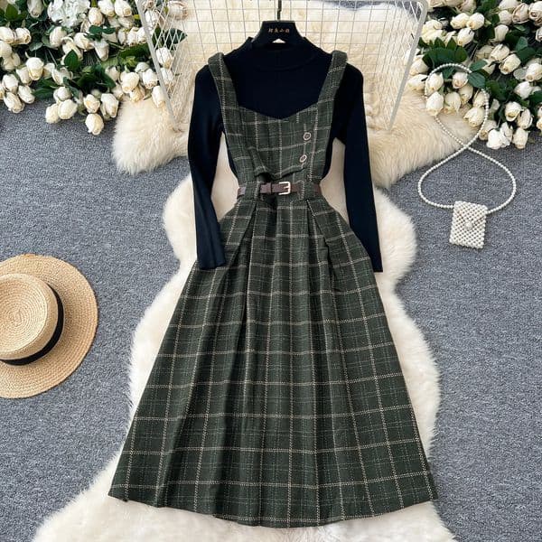 Chic vintage long sleeve Knit slim korean fashion Boho Sundress women clothing dress Two Piece Set 250823BJ