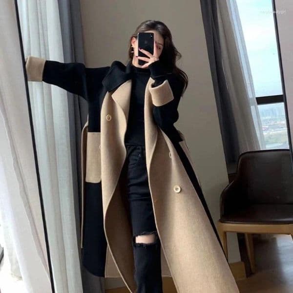 Women's Wool Autumn Winter Women Coat Color Matching Turn-down Collar Double-breasted Mid Length Lady Double-sided Female Overcoat