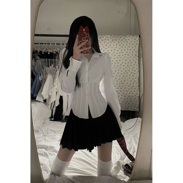 Y2K White Shirts Women Streetwear Tunic Long Sleeve Crop Tops Students Jk Preppy Korean Fashion Basic Slim All Match Blouses 250823BJ