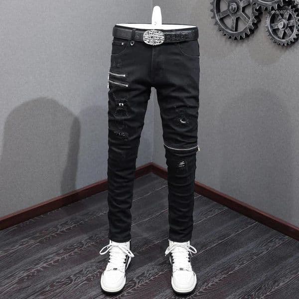 Men's Jeans Y2k Fashion Men'sy2k Black Stretch Slim Fit Patchwork Designer Bicycle Zipper Hip-hop Denim Punk Pant