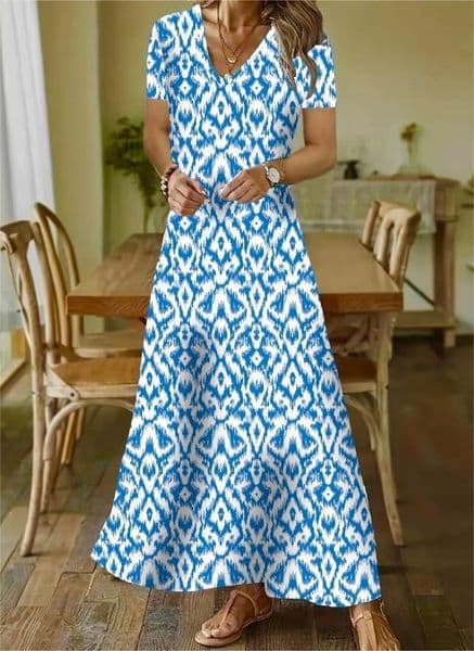 (444) Autumn and winter fashionista casual sweet loose V-neck printed short-sleeved long dress