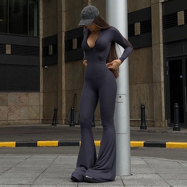 BKLD Clothes For Women Autumn And Winter Solid Color Round Neck Zipper Long Sleeve Tight Slim Flare Pants Jumpsuits 250825BJ