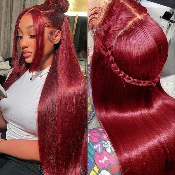 Burgundy Wine Lace Front Wig Hd Transparent Lace 13x6 HD Lace Frontal Wig Human Hair Gluelesss Pre Plucked Straight Red Colored Wig High Density Ready To Wear