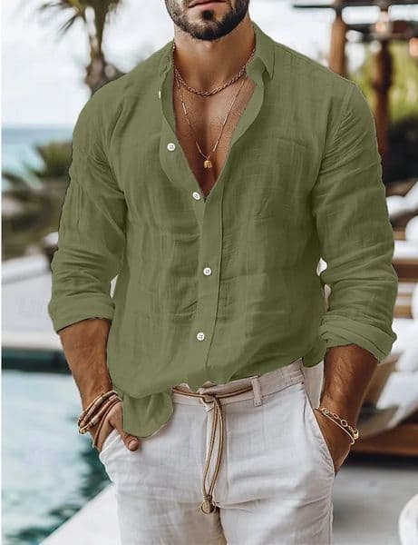 Mens cotton Linen Shirt Button Up Summer Shirt Beach Shirt Long Sleeve Plain Lapel Spring Summer Casual Daily Clothing 250825