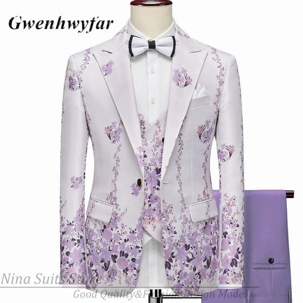 G N Series Men Suits Blazer Beautiful Lilac Purple Floral Pattern Tuxedos 3 Pieces Formal Party Costume Homme Slim Fit 250826BJ