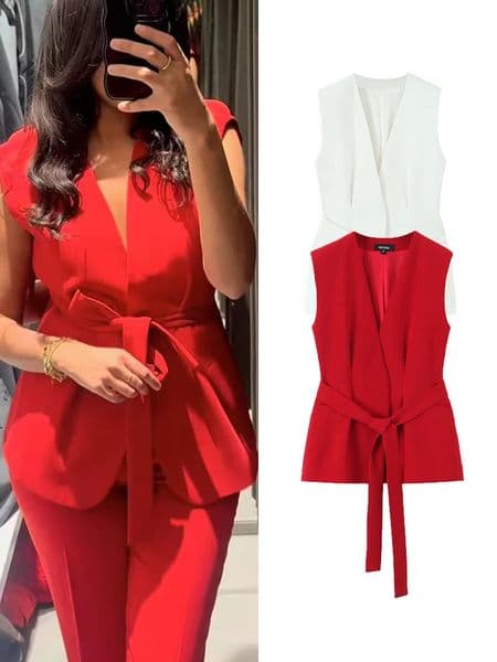 TFMLN 2025 Belt Vest For Women Fashion V Collar Solid Commute Style Outerwear Office Ladies Sleeveless Simple Chic Vests 250823