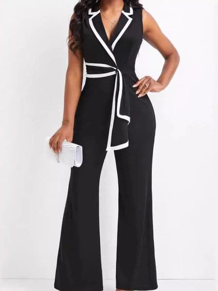 Womens Overalls Outfits Full Length Fashion 2025 Summer V Neck Elegant Sleeveless Office Lady Jumpsuit Wide Leg Pants 250825BANJIA