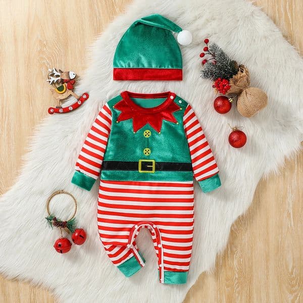 2Pcs Christmas Baby unisex Jumpsuit born Cute Striped Clothes Autumn Winter Boys Girls Round Neck Long Sleeve BodysuitHat 250825BANJIA