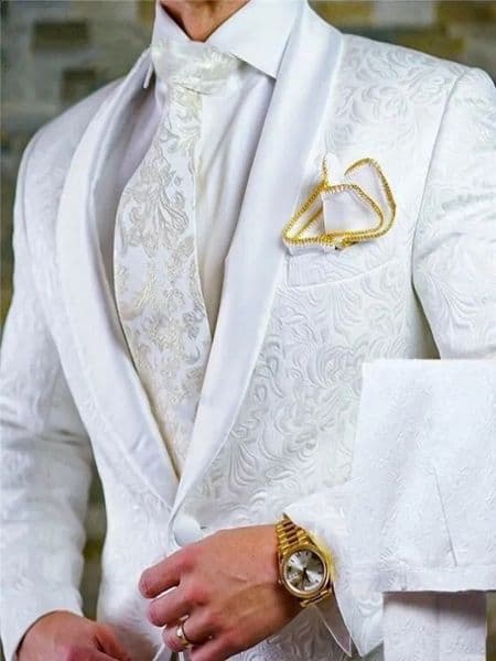 Groomsmen White Pattern Groom Tuxedos Shawl Satin Lapel Men Suits 2 Pieces Wedding Bridegroom Jacket Pants Tie D201 250826BJ