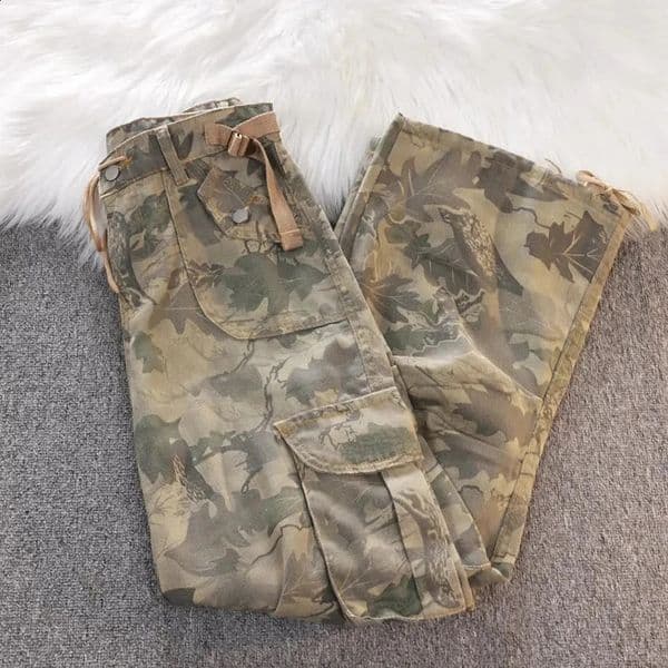 Y2K Camouflage Cargo Jeans for Women American Midi Waist Drawstring Wide Leg Pants Bf Fashion Streetwear Hip Hop Denim 250827BJ