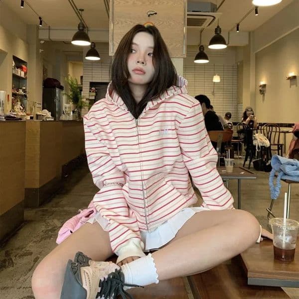 Striped Zip Up Hoodie Woman Clothing Street Fashion Hip Hop Vintage Hoodies Women Loose Casual Sweatshirt Clothes Tops 250826BJ