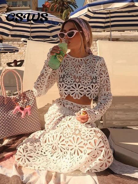 Elegant See Through Crochet Top Women Set Hallow Out Flare Long Sleeve Slim Empire Hip Package Skirts Summer Lady 250827BJ
