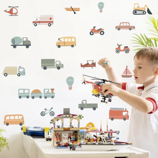 Hand Drawn Watercolor Cartoon Cute Vehicles Car Bus Wall Stickers for Kids Room Boys Nursery Decoration Decals 250826
