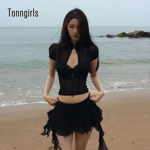 Tonngirls Y2k Fairycore Two Piece Set For Women Hollow Out Lace Mesh Shirt Irregular Mini Shirts Vintage Skirt Sets Japanese 250827BJ