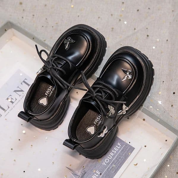 Children Black Leather Shoes for Party Wedding Thick Soled Kids Princess Shoes with Butterflyknot Girls Performance Shoes 250827BJ