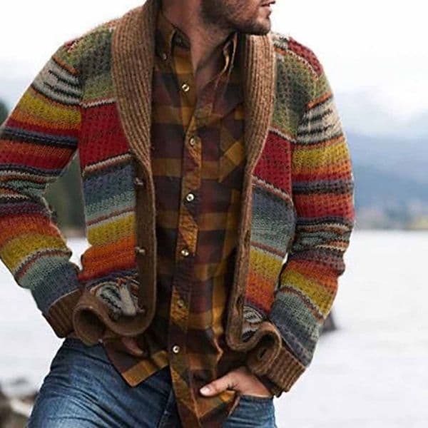 Mens Sweater Jacket Lapel Colorblocked Knitted Cardigan Sweater 250828
