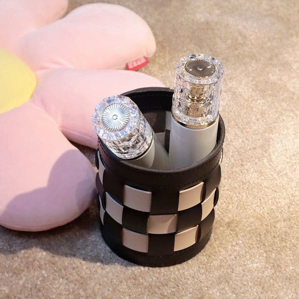 Designer Leather High-End Tube Living Room Table Desktop Makeup Storage Box Checkerboard Pen Holder