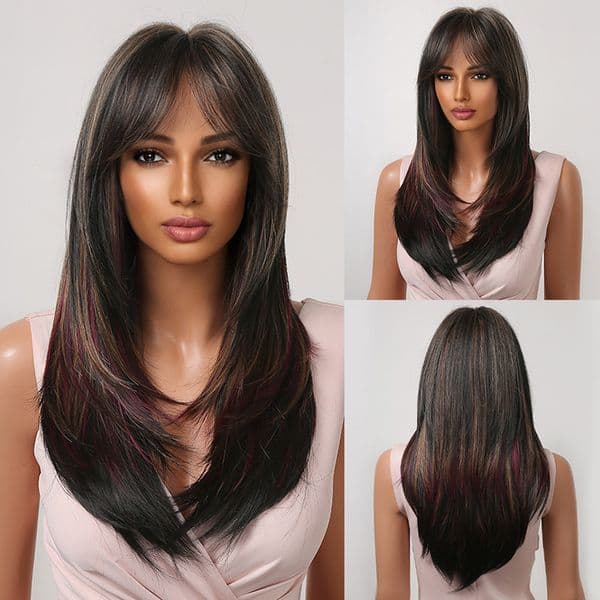 Gradient Fiber Wig Full Head Wig With Bangs and Medium-Length Straight Hair, Factory Stock j41
