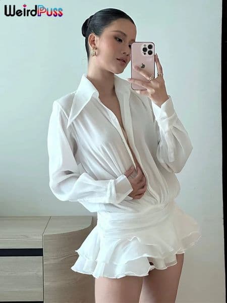 Weird Puss SeeThrough Tierred Dress Woman Summer Solid TurnDown Collar Shirt Ruffles Chic LongSleeve Chiffon Party Bodycon 250827BJ
